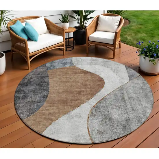 8' Gray Charcoal And Brown Round Abstract Washable Indoor Outdoor Area Rug Photo 1