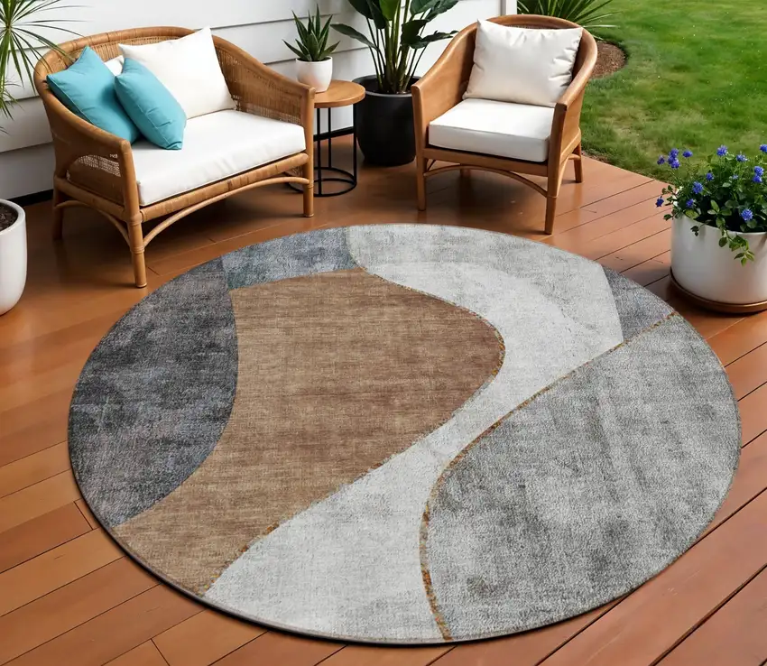 8' Gray Charcoal And Brown Round Abstract Washable Indoor Outdoor Area Rug Photo 1