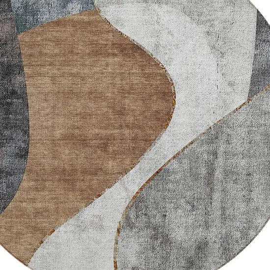 8' Gray Charcoal And Brown Round Abstract Washable Indoor Outdoor Area Rug Photo 4