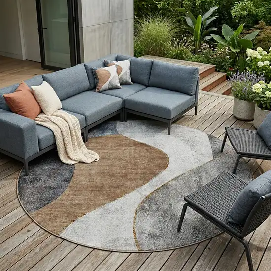 8' Gray Charcoal And Brown Round Abstract Washable Indoor Outdoor Area Rug Photo 1