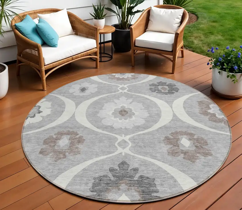 8' Gray Charcoal And Brown Round Medallion Washable Indoor Outdoor Area Rug Photo 1