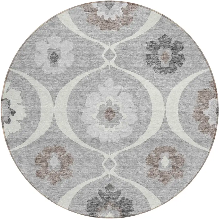 8' Gray Charcoal And Brown Round Medallion Washable Indoor Outdoor Area Rug Photo 2
