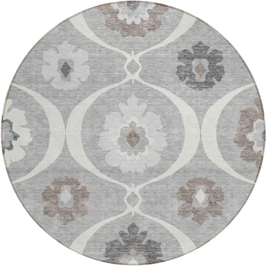 8' Gray Charcoal And Brown Round Medallion Washable Indoor Outdoor Area Rug Photo 2