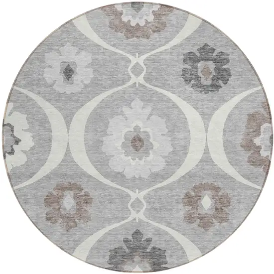 8' Gray Charcoal And Brown Round Medallion Washable Indoor Outdoor Area Rug Photo 2