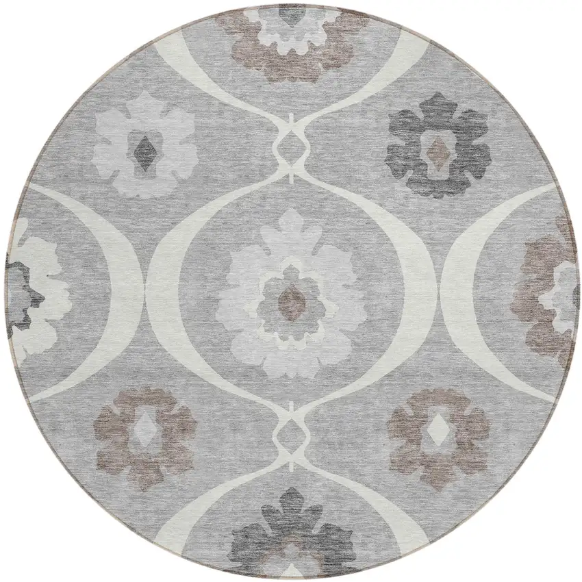 8' Gray Charcoal And Brown Round Medallion Washable Indoor Outdoor Area Rug Photo 2