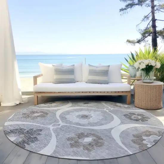 8' Gray Charcoal And Brown Round Medallion Washable Indoor Outdoor Area Rug Photo 8