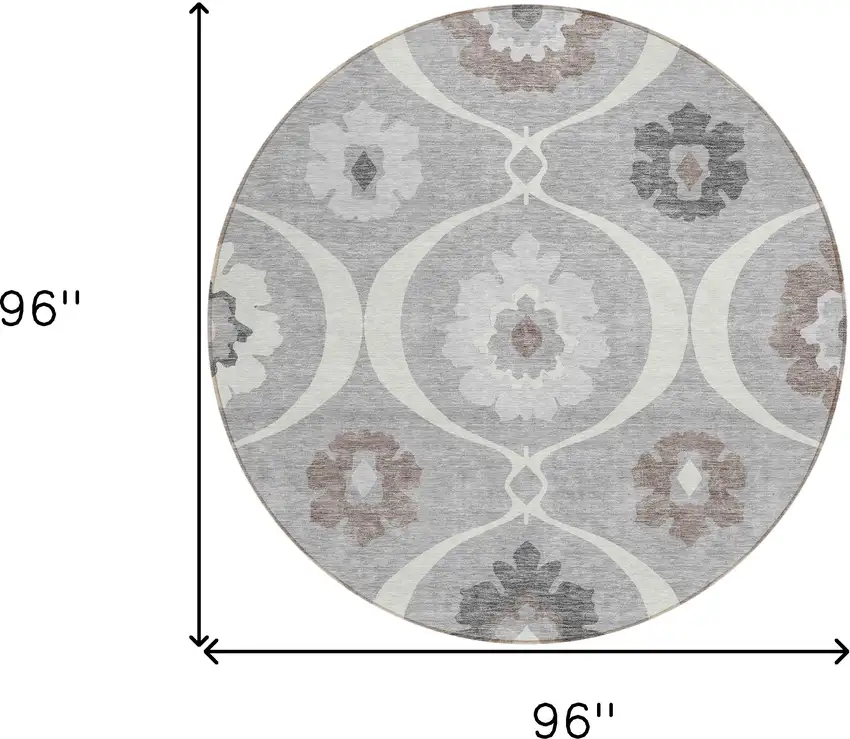 8' Gray Charcoal And Brown Round Medallion Washable Indoor Outdoor Area Rug Photo 3
