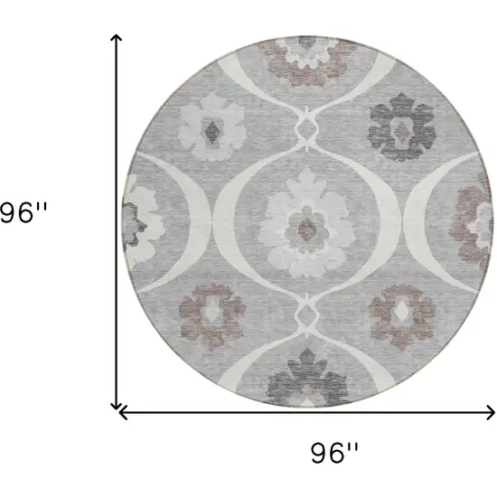 8' Gray Charcoal And Brown Round Medallion Washable Indoor Outdoor Area Rug Photo 3