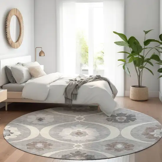 8' Gray Charcoal And Brown Round Medallion Washable Indoor Outdoor Area Rug Photo 9