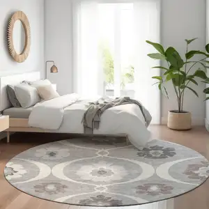 Photo of 8' Gray Charcoal And Brown Round Medallion Washable Indoor Outdoor Area Rug