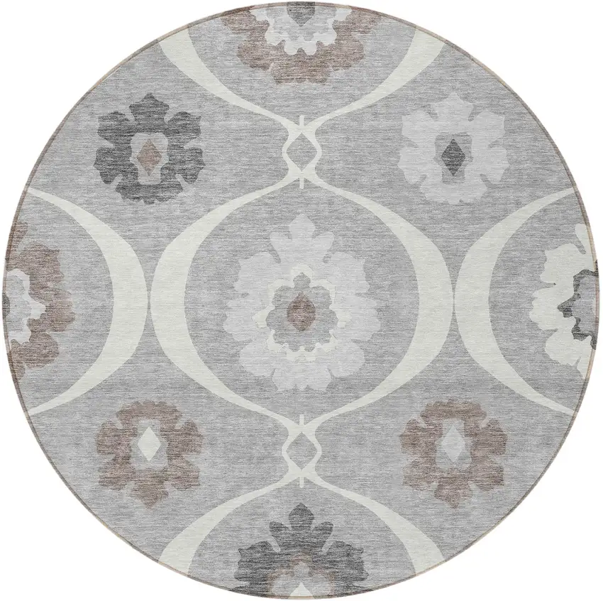 8' Gray Charcoal And Brown Round Medallion Washable Indoor Outdoor Area Rug Photo 7