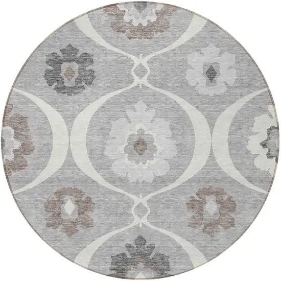 8' Gray Charcoal And Brown Round Medallion Washable Indoor Outdoor Area Rug Photo 7