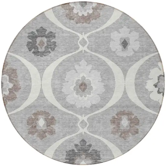 8' Gray Charcoal And Brown Round Medallion Washable Indoor Outdoor Area Rug Photo 7