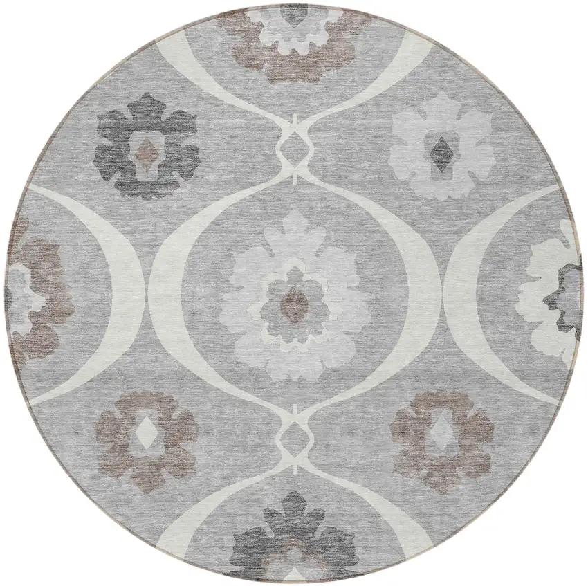 8' Gray Charcoal And Brown Round Medallion Washable Indoor Outdoor Area Rug Photo 7