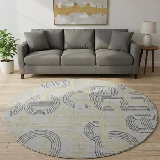 8' Gray Charcoal And Gold Geometric Washable Round Rug With UV Protection Photo 2