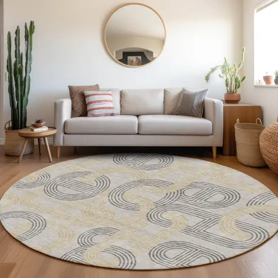 8' Gray Charcoal And Gold Geometric Washable Round Rug With UV Protection Photo 4