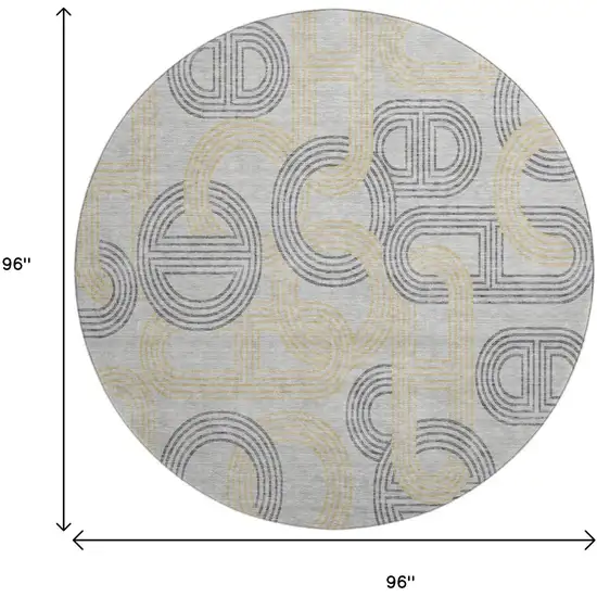 8' Gray Charcoal And Gold Geometric Washable Round Rug With UV Protection Photo 9