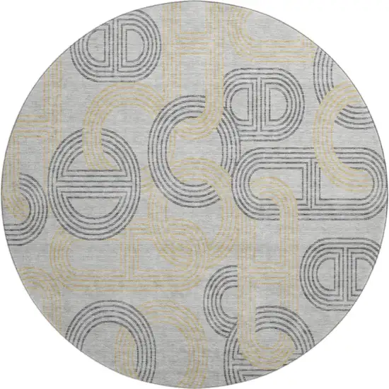 8' Gray Charcoal And Gold Geometric Washable Round Rug With UV Protection Photo 1