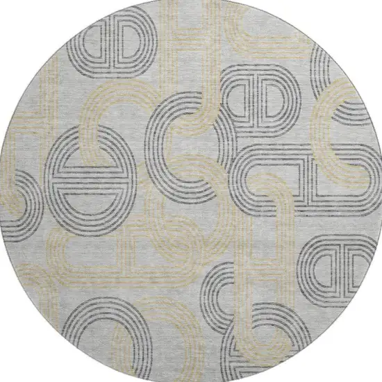 8' Gray Charcoal And Gold Geometric Washable Round Rug With UV Protection Photo 3