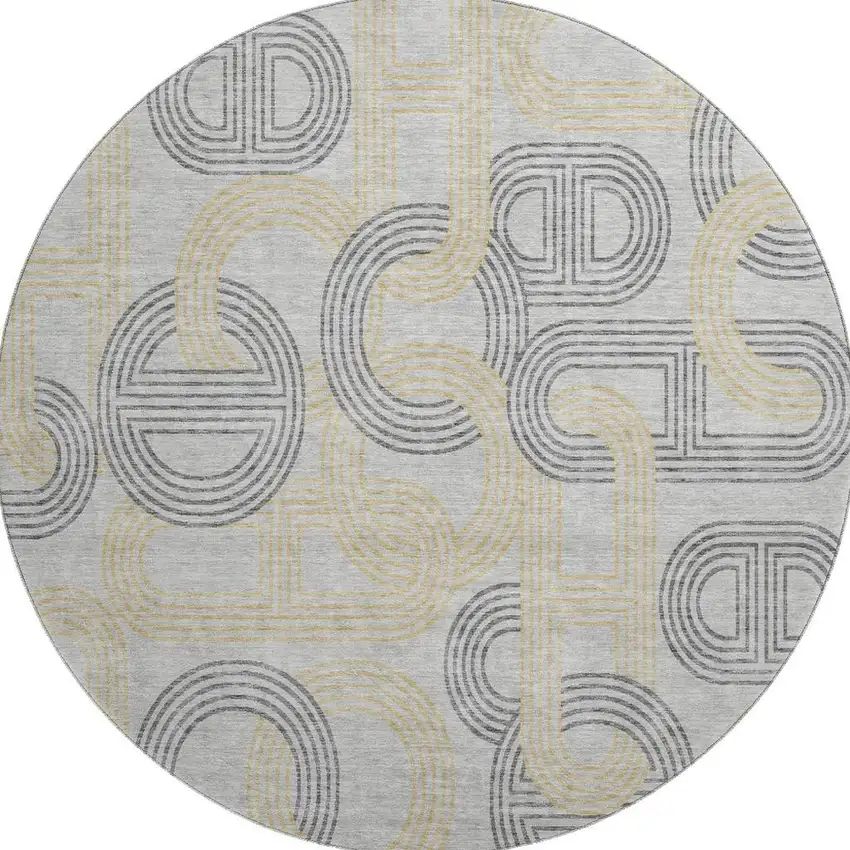 8' Gray Charcoal And Gold Geometric Washable Round Rug With UV Protection Photo 3