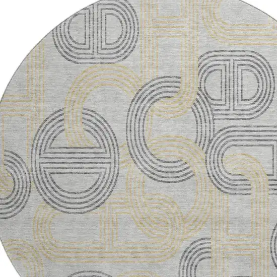 8' Gray Charcoal And Gold Geometric Washable Round Rug With UV Protection Photo 2
