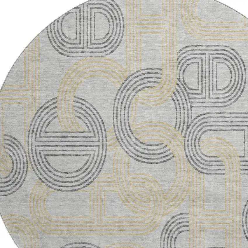 8' Gray Charcoal And Gold Geometric Washable Round Rug With UV Protection Photo 2