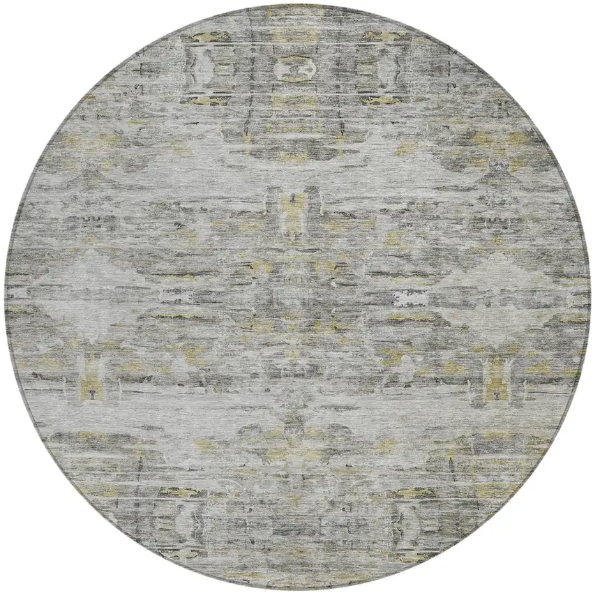 8' Gray Charcoal And Gold Round Abstract Washable Indoor Outdoor Area Rug Photo 2