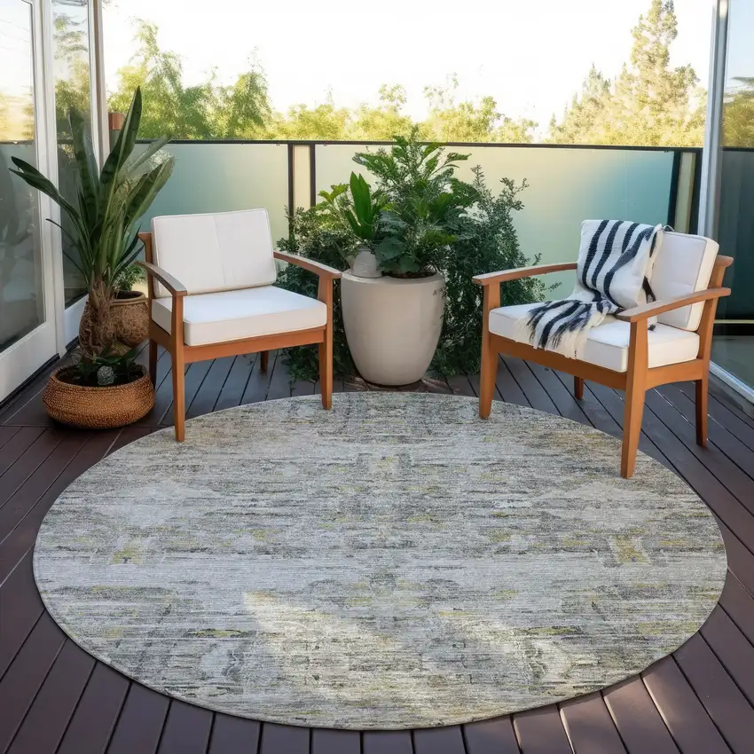 8' Gray Charcoal And Gold Round Abstract Washable Indoor Outdoor Area Rug Photo 7