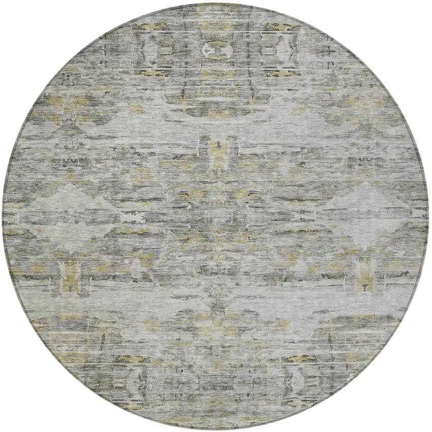 8' Gray Charcoal And Gold Round Abstract Washable Indoor Outdoor Area Rug Photo 6