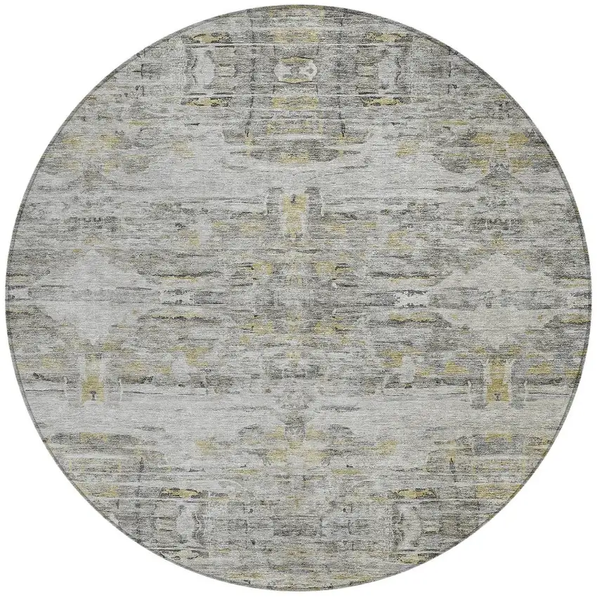 8' Gray Charcoal And Gold Round Abstract Washable Indoor Outdoor Area Rug Photo 5