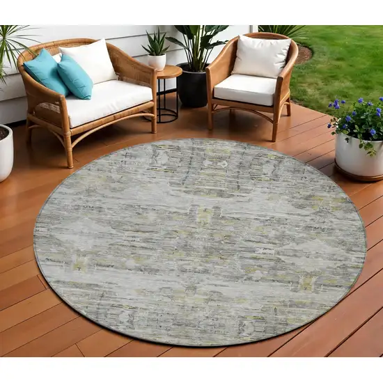 8' Gray Charcoal And Gold Round Abstract Washable Indoor Outdoor Area Rug Photo 1