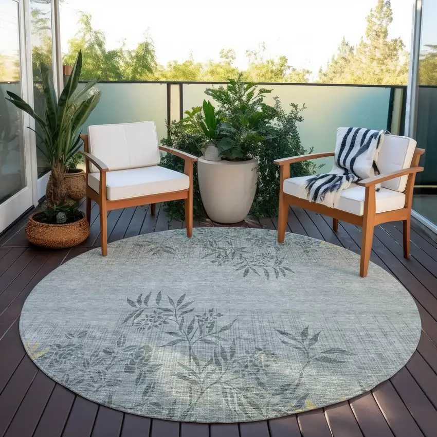 8' Gray Charcoal And Gold Round Floral Washable Indoor Outdoor Area Rug Photo 7