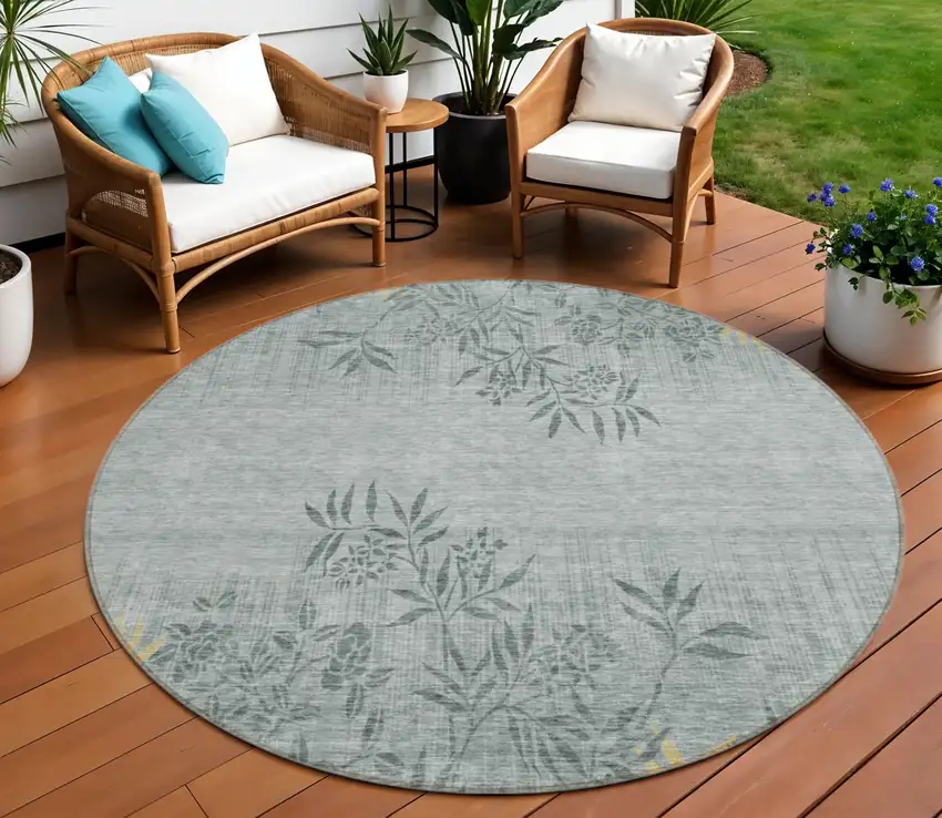 8' Gray Charcoal And Gold Round Floral Washable Indoor Outdoor Area Rug Photo 1