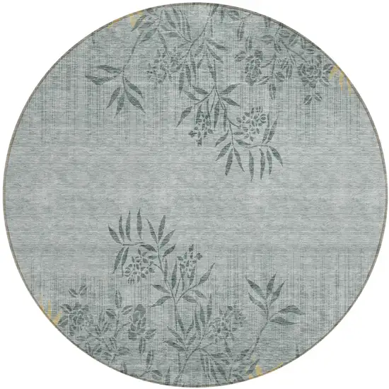8' Gray Charcoal And Gold Round Floral Washable Indoor Outdoor Area Rug Photo 2