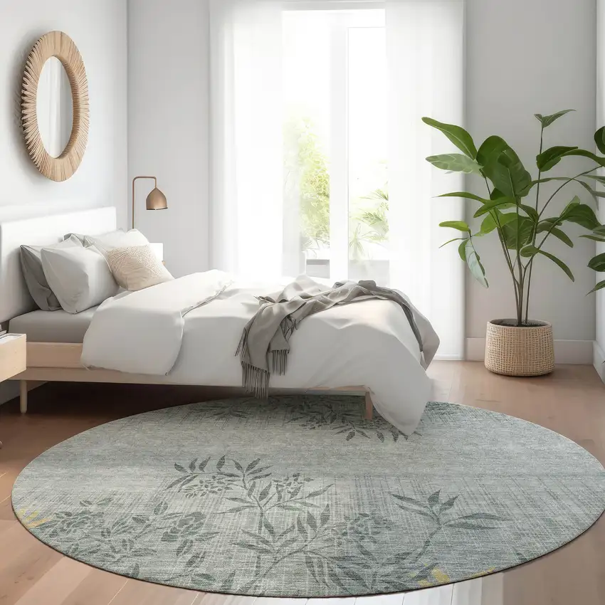 8' Gray Charcoal And Gold Round Floral Washable Indoor Outdoor Area Rug Photo 8