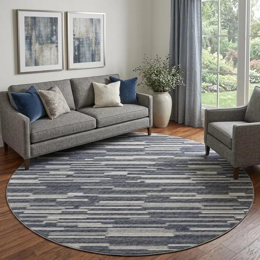 8' Gray Charcoal And Ivory Abstract Washable Round Rug With UV Protection Photo 1