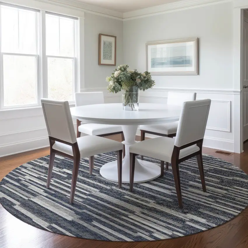 8' Gray Charcoal And Ivory Abstract Washable Round Rug With UV Protection Photo 4