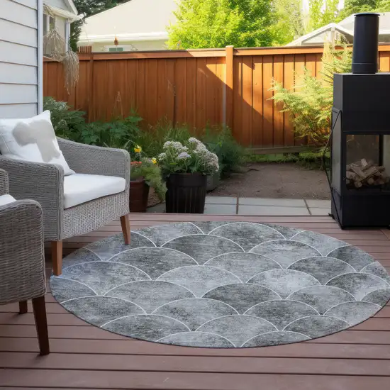 8' Gray Charcoal And Ivory Round Abstract Washable Indoor Outdoor Area Rug Photo 4