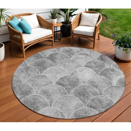 8' Gray Charcoal And Ivory Round Abstract Washable Indoor Outdoor Area Rug Photo 1