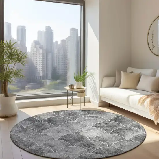 8' Gray Charcoal And Ivory Round Abstract Washable Indoor Outdoor Area Rug Photo 5