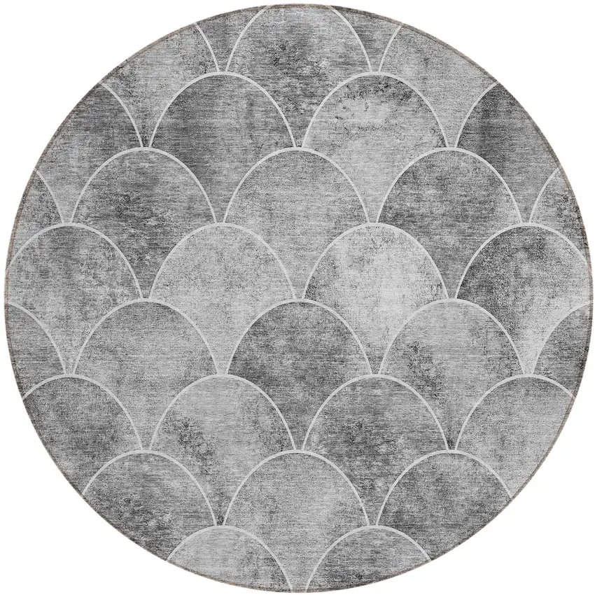8' Gray Charcoal And Ivory Round Abstract Washable Indoor Outdoor Area Rug Photo 2