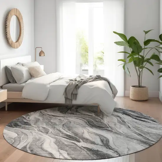 8' Gray Charcoal And Ivory Round Abstract Washable Indoor Outdoor Area Rug Photo 7
