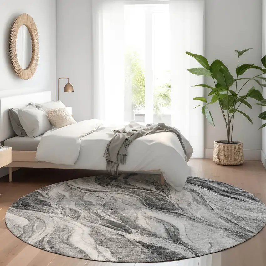 8' Gray Charcoal And Ivory Round Abstract Washable Indoor Outdoor Area Rug Photo 7
