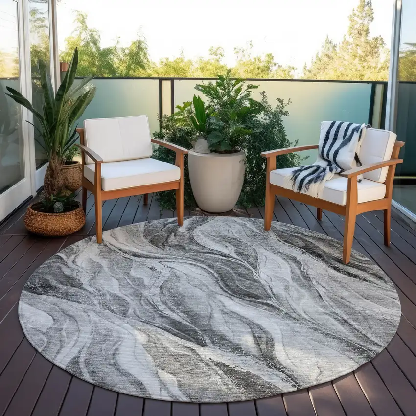 8' Gray Charcoal And Ivory Round Abstract Washable Indoor Outdoor Area Rug Photo 6