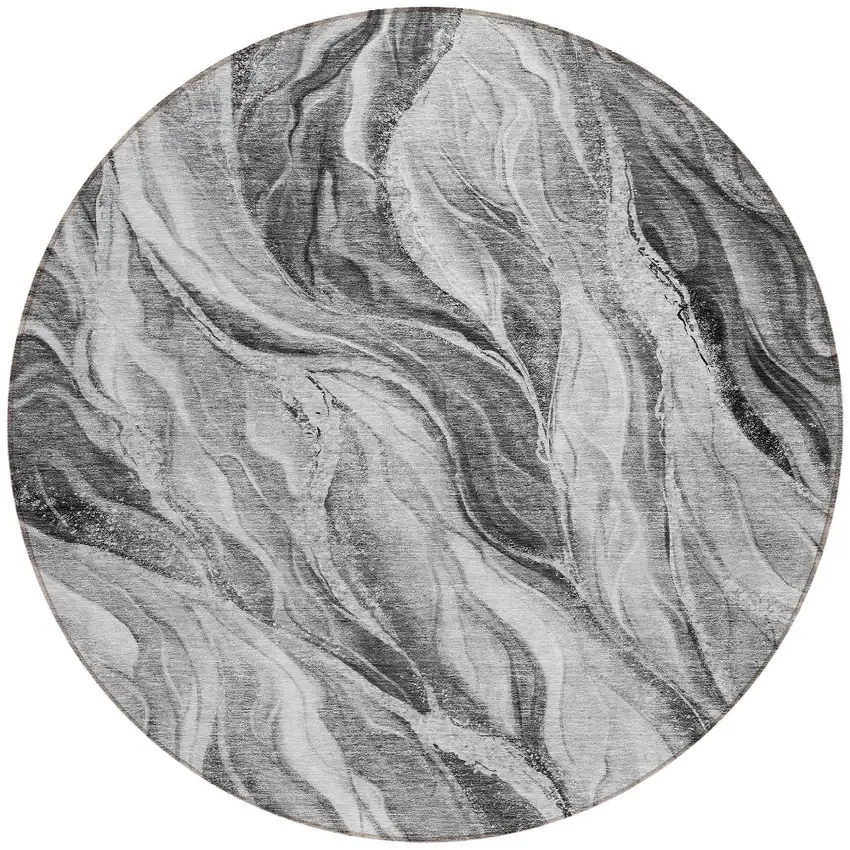 8' Gray Charcoal And Ivory Round Abstract Washable Indoor Outdoor Area Rug Photo 5