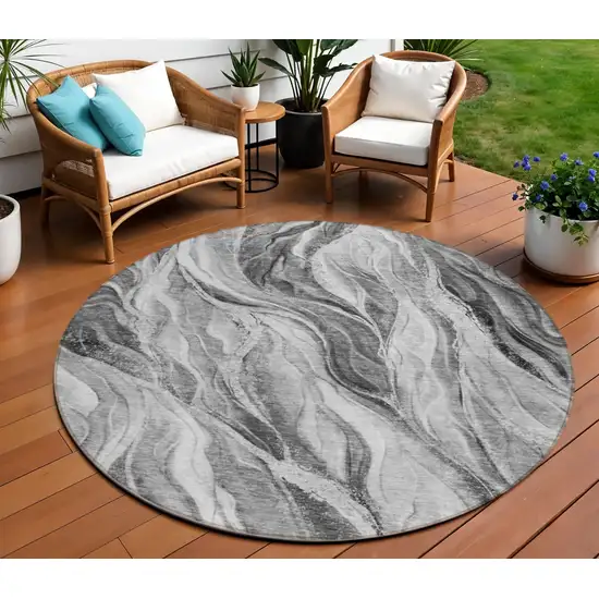 8' Gray Charcoal And Ivory Round Abstract Washable Indoor Outdoor Area Rug Photo 1