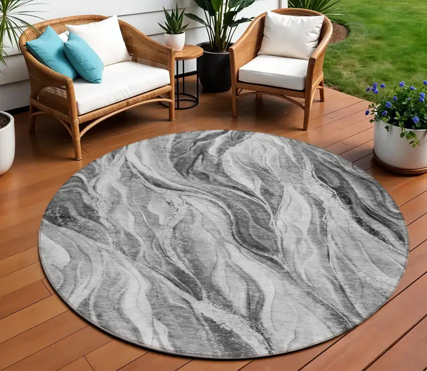 8' Gray Charcoal And Ivory Round Abstract Washable Indoor Outdoor Area Rug Photo 1