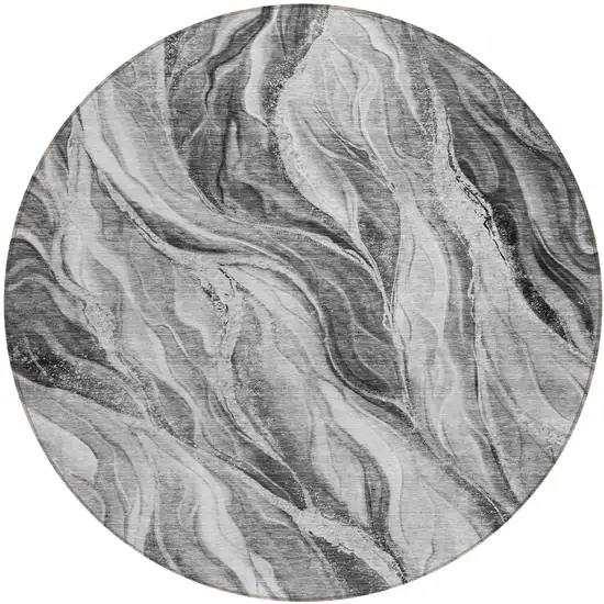 8' Gray Charcoal And Ivory Round Abstract Washable Indoor Outdoor Area Rug Photo 1