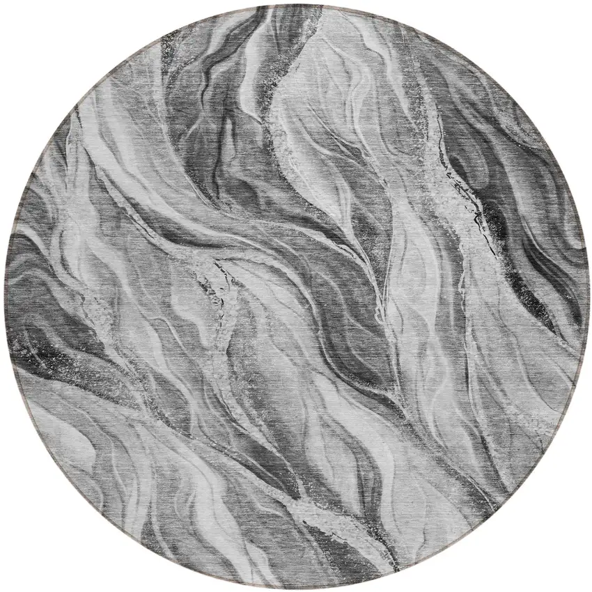 8' Gray Charcoal And Ivory Round Abstract Washable Indoor Outdoor Area Rug Photo 1