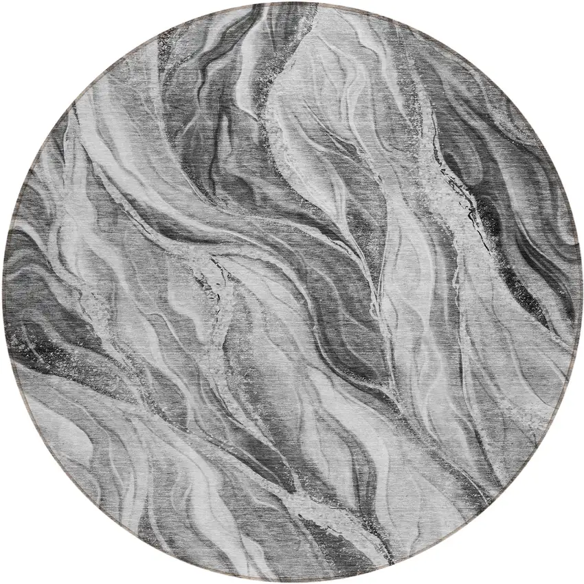 8' Gray Charcoal And Ivory Round Abstract Washable Indoor Outdoor Area Rug Photo 1